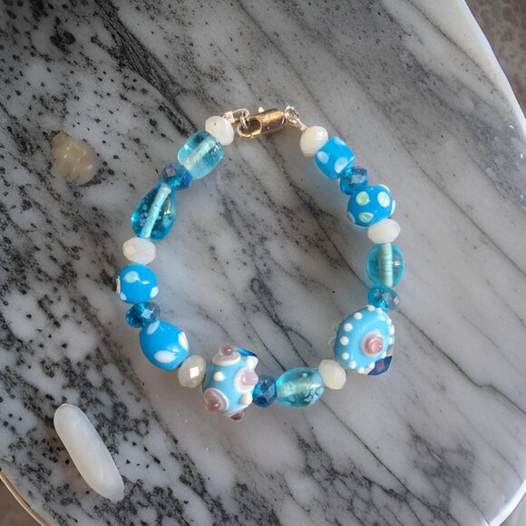 Blue Lampwork beaded bracelet  7 inch - Picture 3 of 3